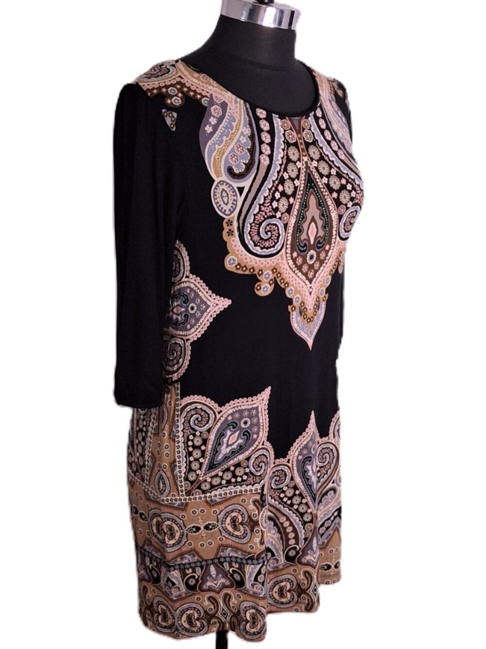 Cha Cha Vente Women's Paisley Mandala Print Black Tunic Dress Size L 3/4 Sleeve